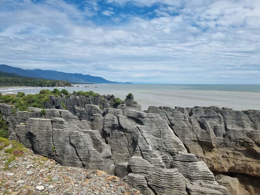 From Greymouth: Punakaiki Blowholes & Pancake Rocks Tour - Truman Track viewing platform and the sandy bay at low tide