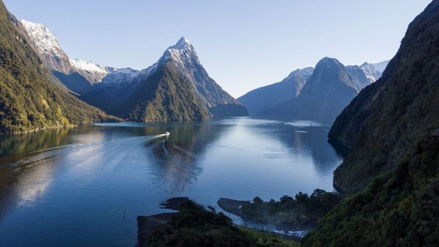 From Queenstown: Milford Sound Cruise and Coach Day Tour - On the water in Milford Sound: waterfalls, spray, and roaming nature guidance