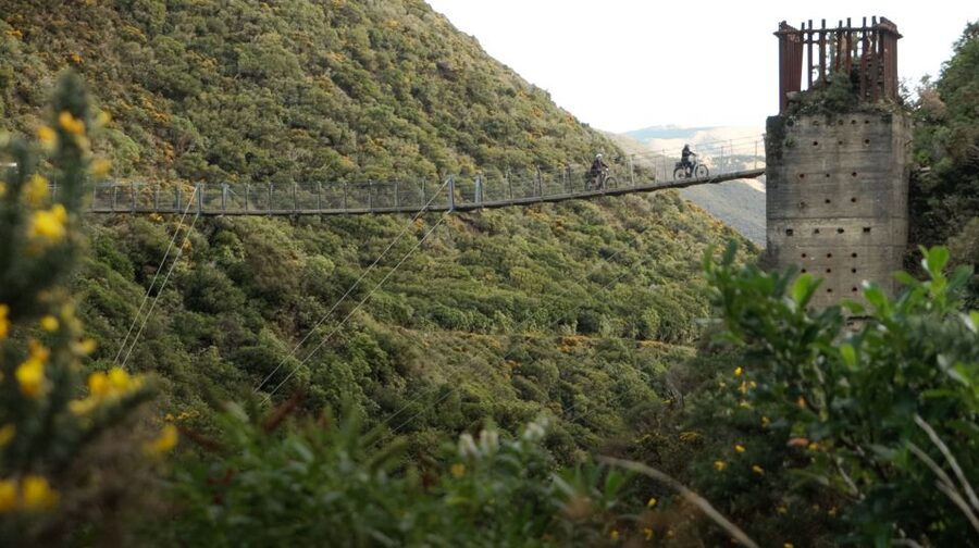 From Wellington: Remutaka Rail Trail eBike Tour - Swing bridge and info boards: seeing the engineering behind the views