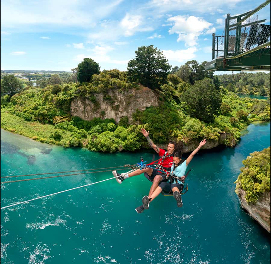 Taupō: Bungy Jump and Swing Combo - Entering the 47m water-touch bungy from a cantilever platform